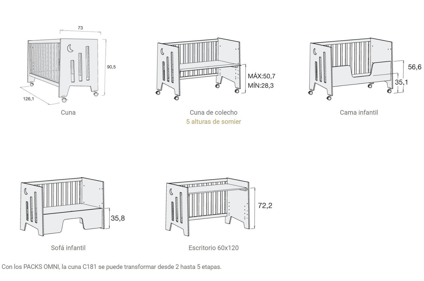 Cuna Alondra Omni 5 en 1 Cuna/Colecho/Cama/Sofá/Escritorio